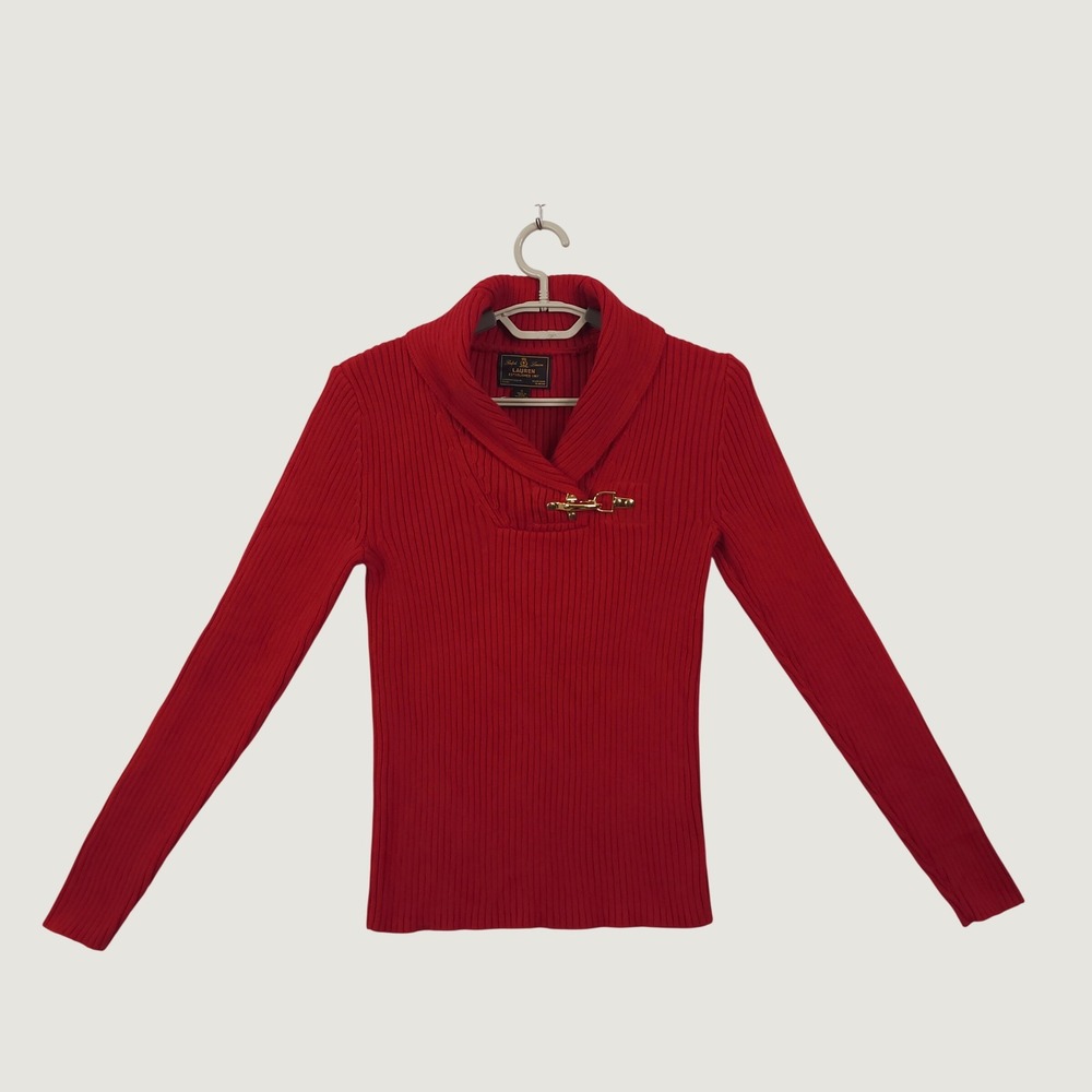 Lauren Ralph Lauren Sweater Small Red Ribbed Shawl Collar Gold Clasp Holidays